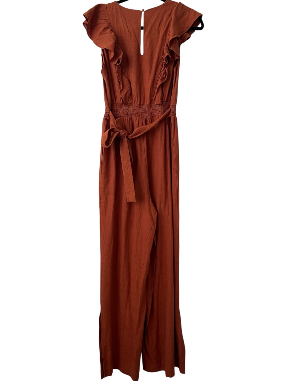 By Anthropologie V Neck Ruffle Copper Jumpsuit Size S - Picture 4 of 16